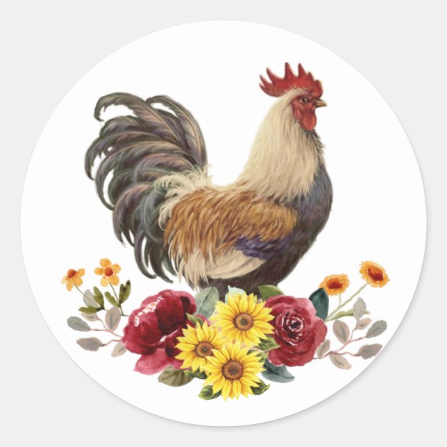 Country Watercolor Chicken Rooster Floral Bouquet Classic Round Sticker (Front)