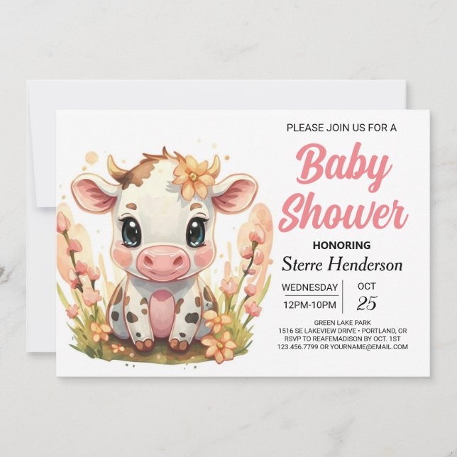 Country Watercolor Girly Cow Baby Shower Invitation (Front)