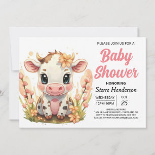 Country Watercolor Girly Cow Baby Shower Invitation