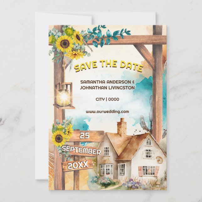 Country watercolor house sunflower arch rustic invitation (Front)