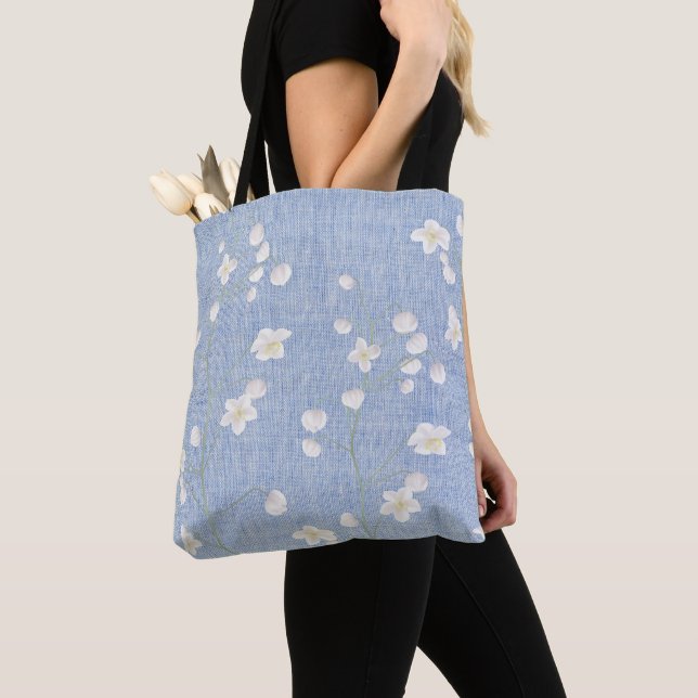 Country Watercolor White Wildflowers Tote Bag (Close Up)