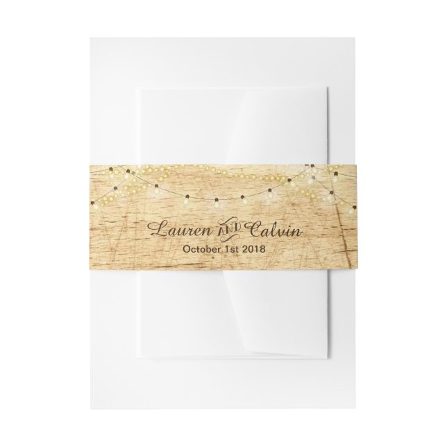 Country wedding belly band with lights on wood invitation belly band (Front Example)