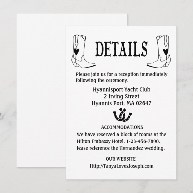 Country Wedding Details Cowboy Boots Western Black Invitation (Front/Back)