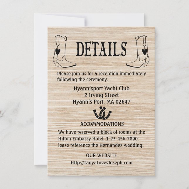 Country Wedding Details Wood Cowboy Boots Western Invitation (Front)