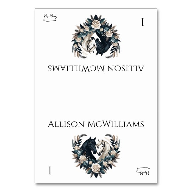 Country Wedding-Horses in Love- Pork Table Number (Front)