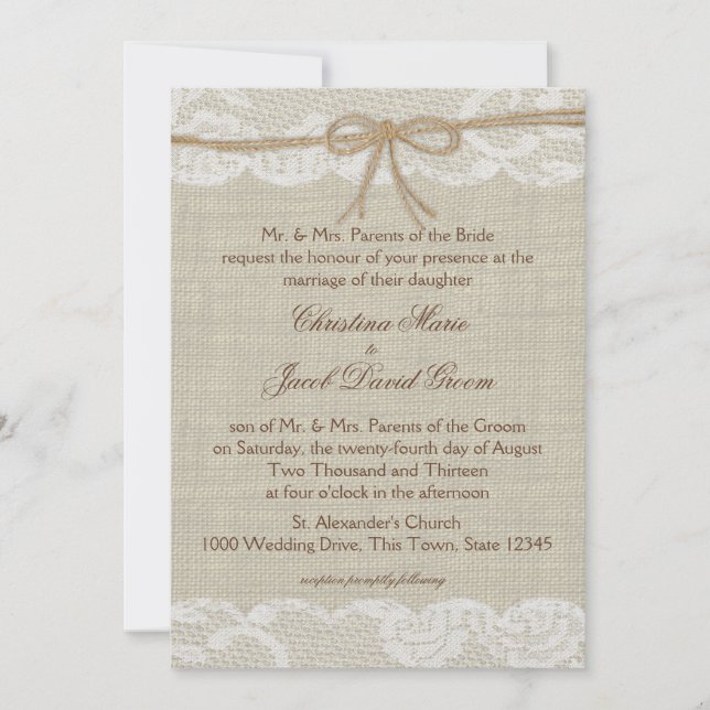 Country Wedding Lace and Burlap Invitation (Front)
