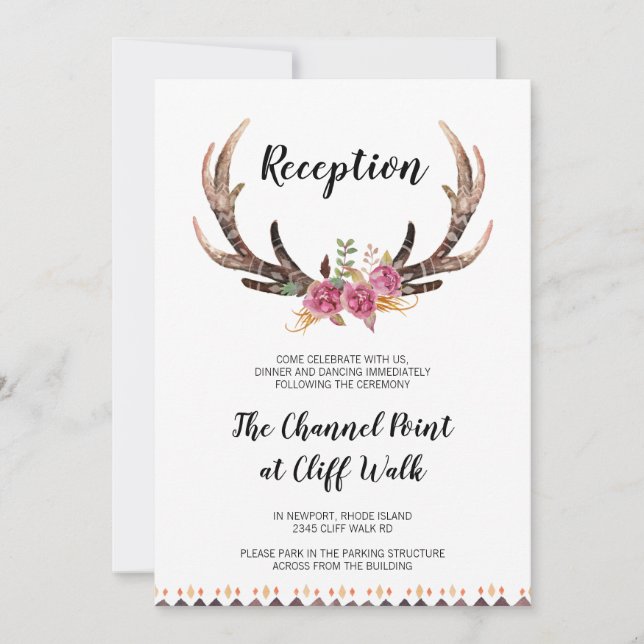 Country Wedding Reception Card, Watercolor Antlers Invitation (Front)