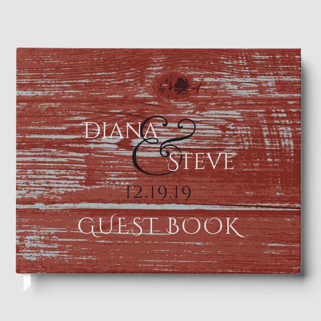 Country Wedding | Red Rustic Barn Wood Grain Guest Book (Front)