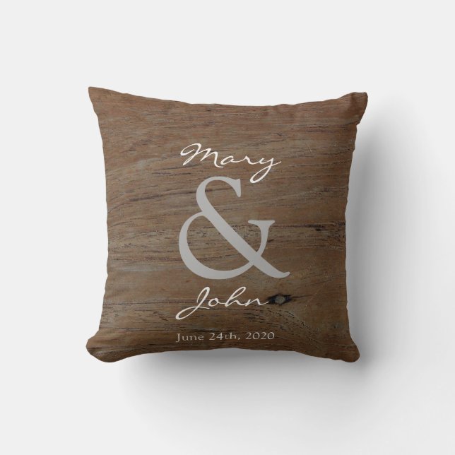 Country wedding rustic barn wood monogram names cushion (Front)
