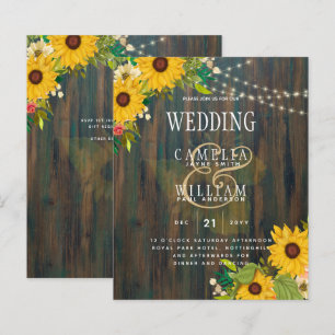 Country Wedding Rustic Wood Sunflowers Lights Inv