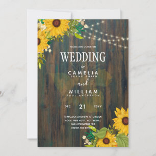 Country Wedding Rustic Wood Sunflowers Lights Inv Invitation