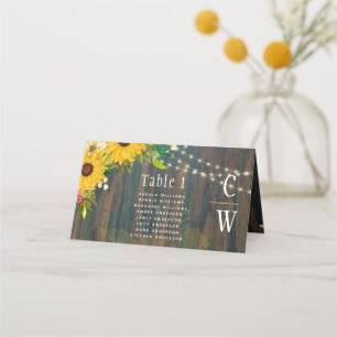 Country Wedding Rustic Wood Sunflowers Lights Place Card