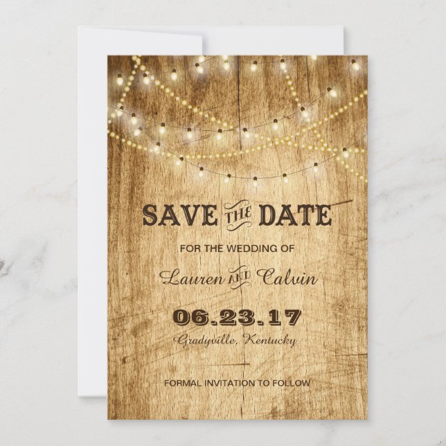 Country wedding Save the Date with lights on wood (Front)