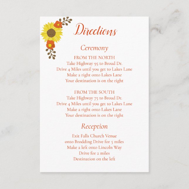 Country Wedding Sunflower Directions Enclosure Card (Front)