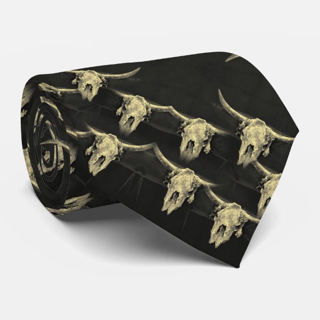 Country Western Antique Black Rustic Bull Skull Tie (Rolled)