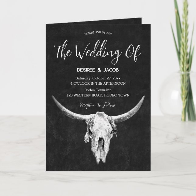 Country Western Black And White Bull Skull Invitation (Front)