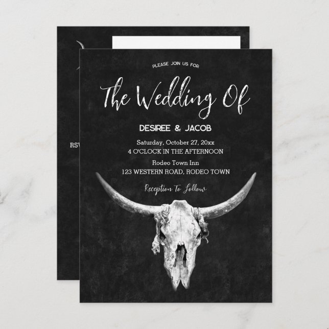 Country Western Black And White Bull Skull Invitation Postcard (Front/Back)