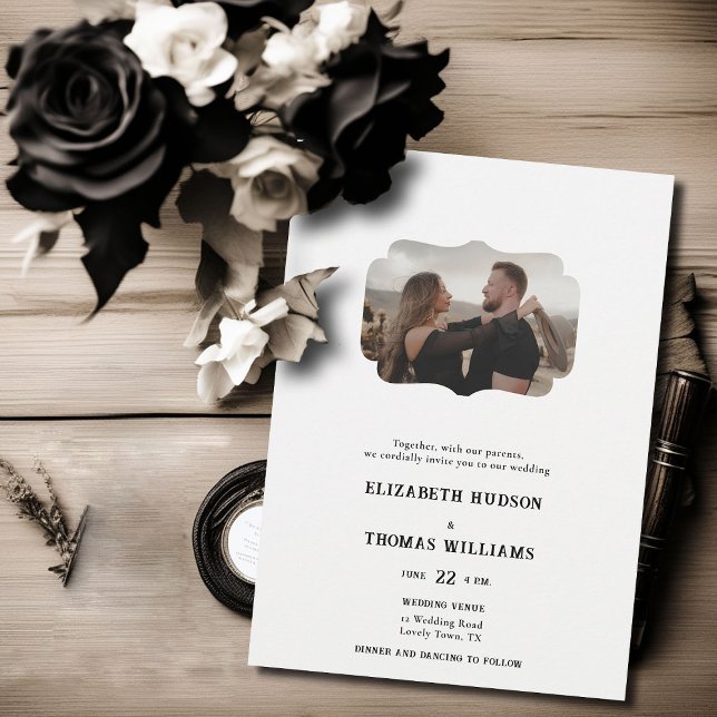 Country Western Black White Formal Photo Wedding Invitation (country western black white wedding invitation vintage photo frame formal elegant modern ranch barn )