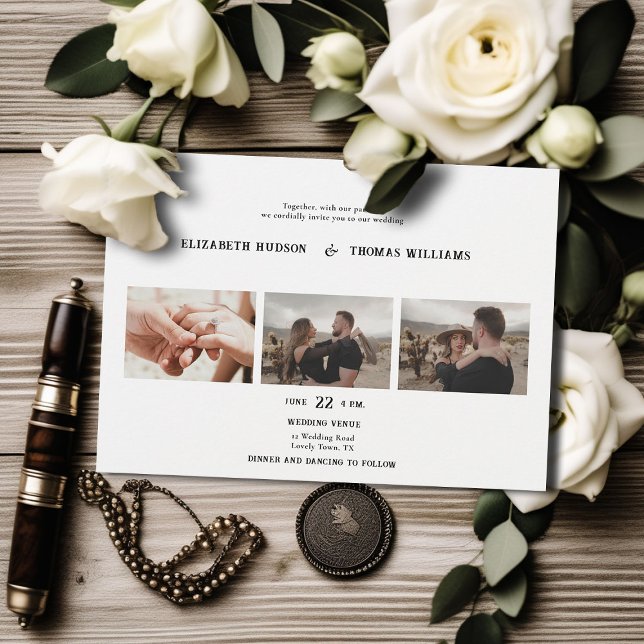 Country Western Black White Formal Photos Wedding Invitation (country western black white wedding invitation vintage 3 photos frame formal elegant modern ranch)