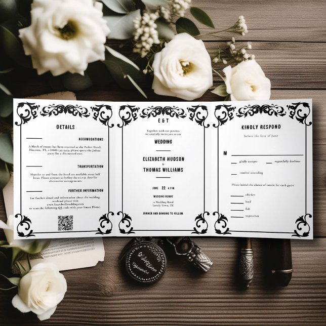 Country Western Black White Formal Trifold Wedding (country western black and white wedding invitation all in one formal elegant modern cowgirl frame)