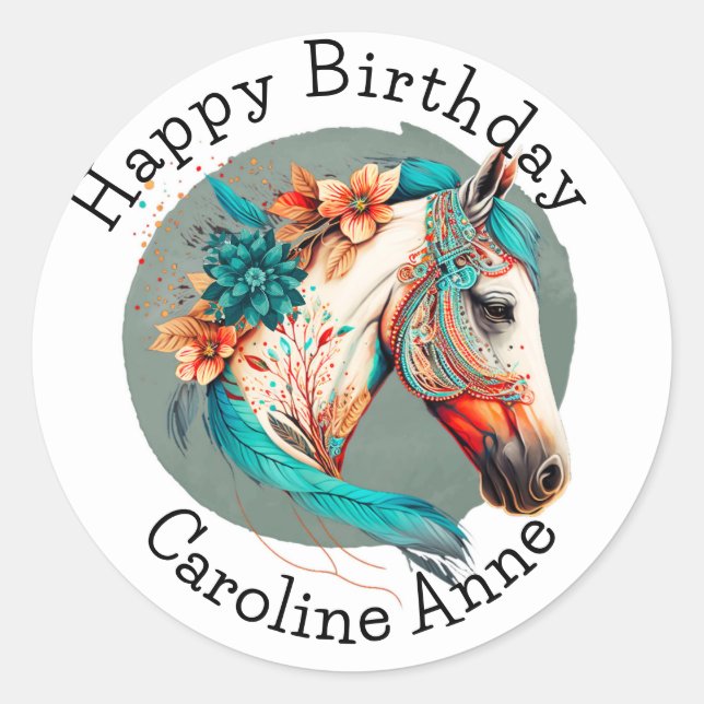Country Western Boho Horse Birthday Party Classic Round Sticker (Front)