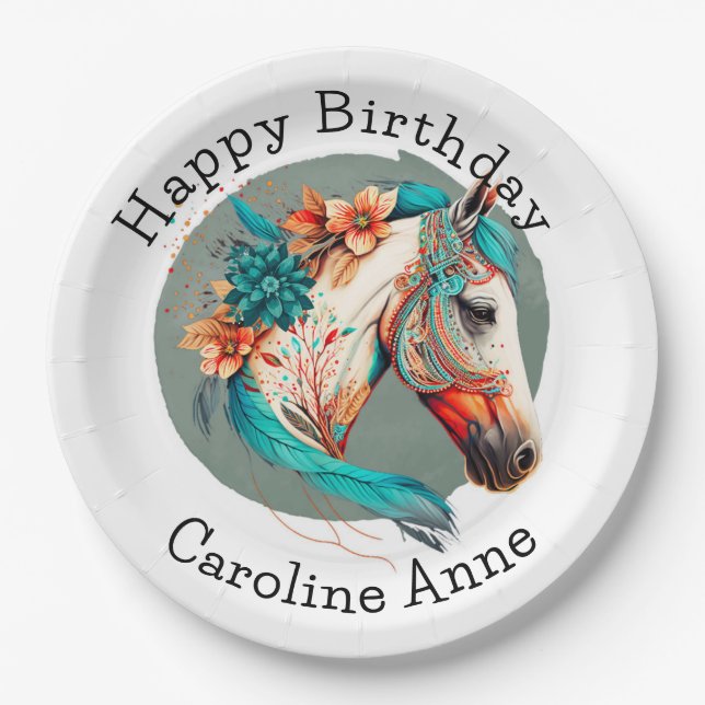 Country Western Boho Horse Birthday Party Paper Plate (Front)