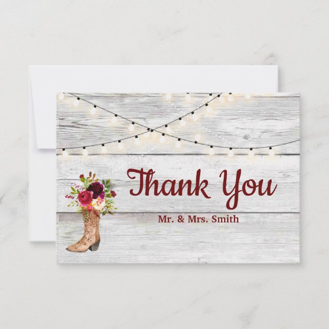 Country Western Boot Boho Rustic Marsala Thank You Card (Front)
