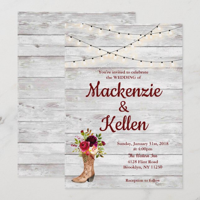 Country Western Boot Boho Rustic Marsala Wedding Invitation (Front/Back)