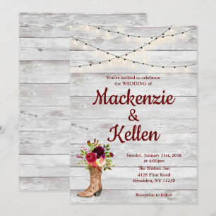 Country Western Boot Boho Rustic Marsala Wedding Invitation