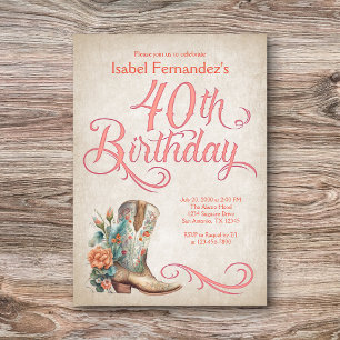 Country Western Boots 40th Birthday Invitation