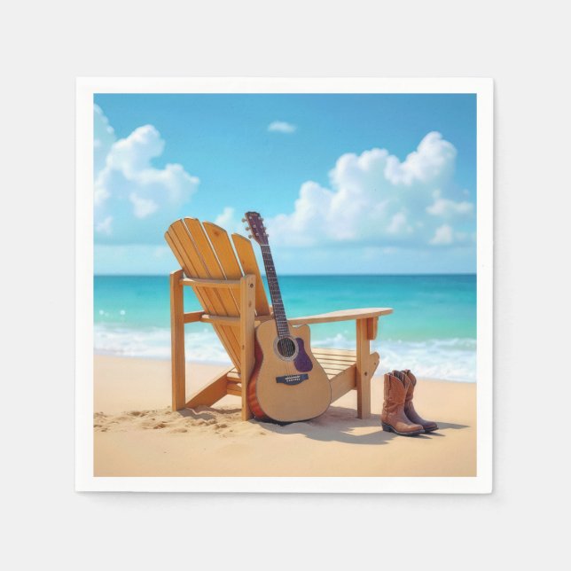 Country Western Boots At the Seashore With Guitar Napkin (Front)