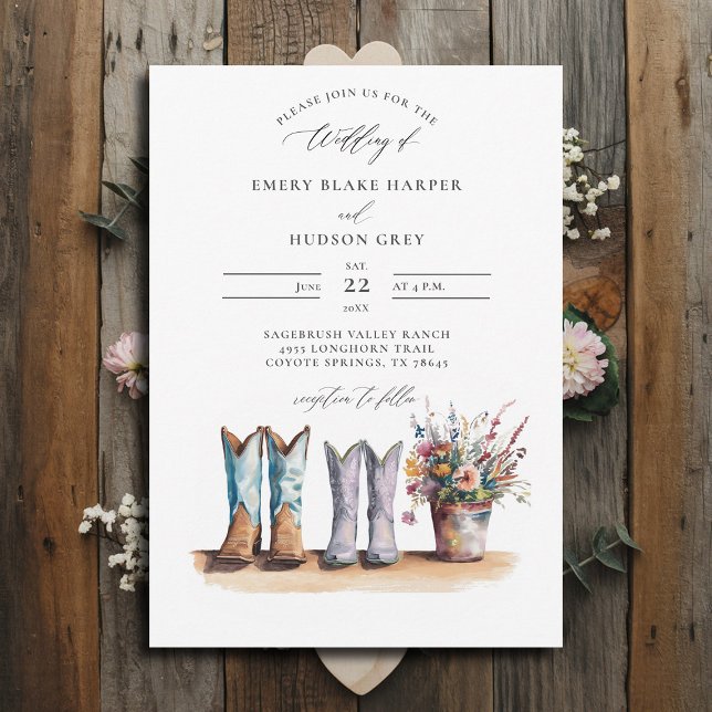Country Western Boots Wildflowers Rustic Wedding Invitation (country wedding invitation rustic western barn watercolor cowboy boots wildflowers calligraphy)