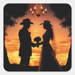 Country Western Bride and Groom Wedding Square Sticker