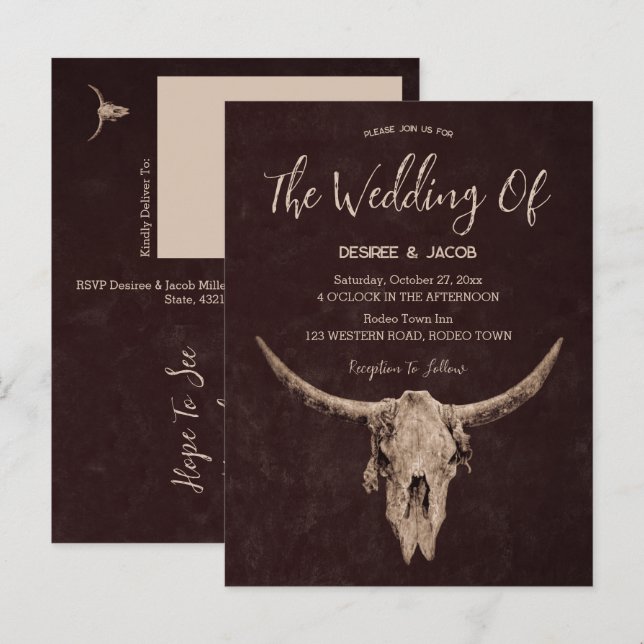 Country Western Brown Rustic Bull Skull Invitation Postcard (Front/Back)