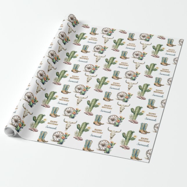 Country Western Cactus Theme Name Happy Birthday Wrapping Paper (Unrolled)