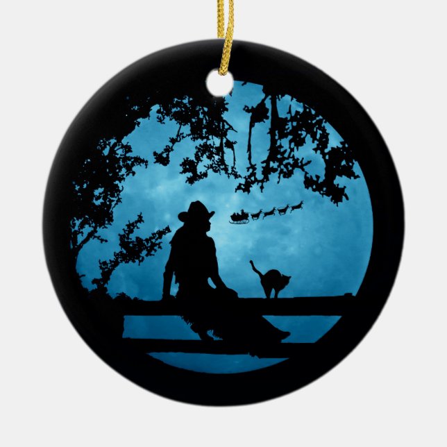 Country Western Christmas Cowgirl and Santa Fun  Ceramic Tree Decoration (Front)