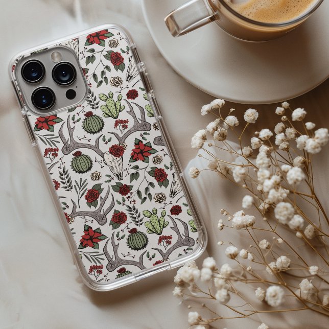 Country Western Christmas Floral Deer Head Skull Case-Mate iPhone Case (Chic Country Western Xmas Reindeer Head Skull, Red Roses, Poinsettias, Cacti, Festive Holly Berries.)
