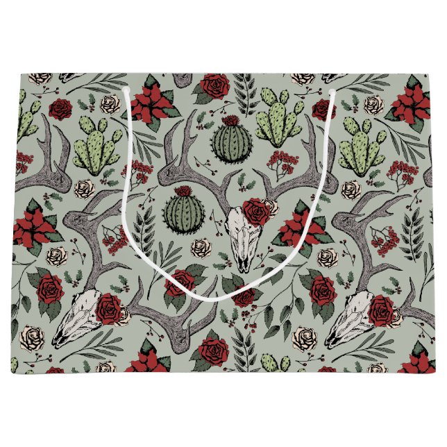 Country Western Christmas Floral Reindeer Skull Large Gift Bag (Front)