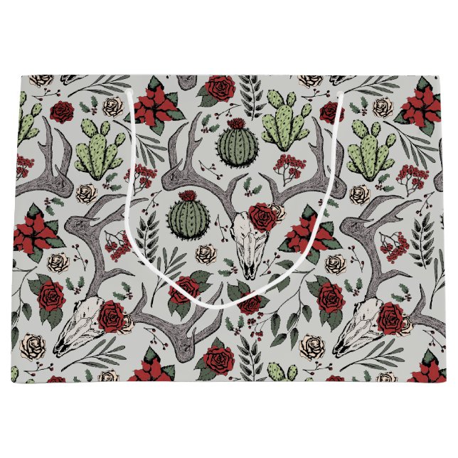 Country Western Christmas Floral Reindeer Skull Large Gift Bag (Front)
