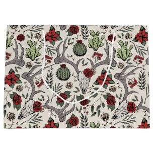 Country Western Christmas Floral Reindeer Skull Large Gift Bag