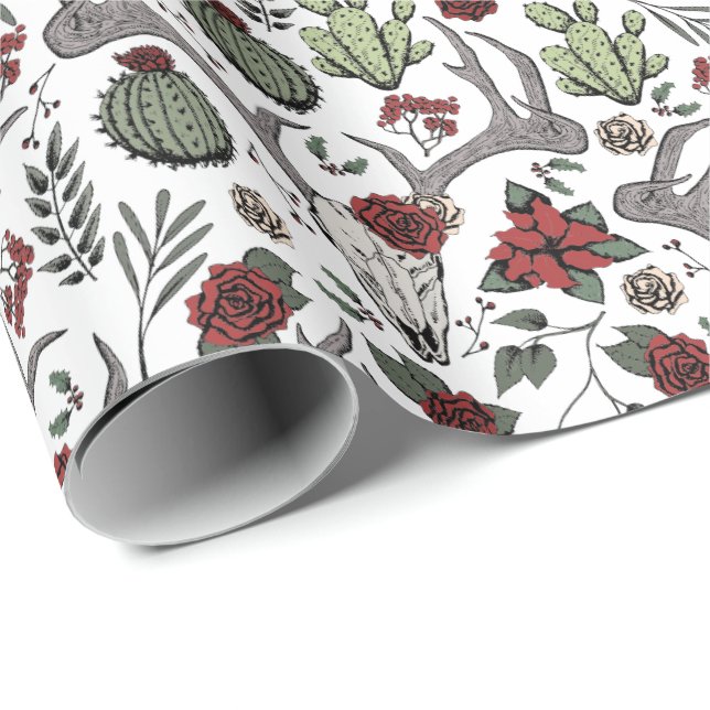 Country Western Christmas Floral Reindeer Skull Wrapping Paper (Roll Corner)