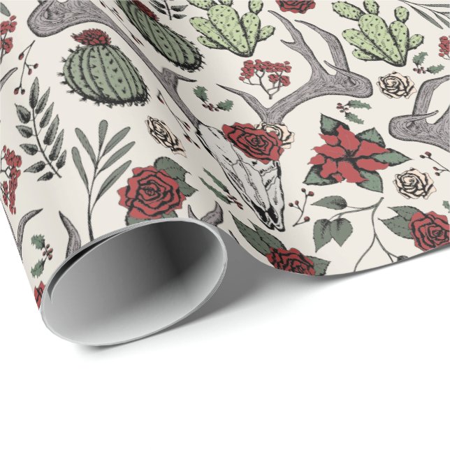 Country Western Christmas Floral Reindeer Skull Wrapping Paper (Roll Corner)