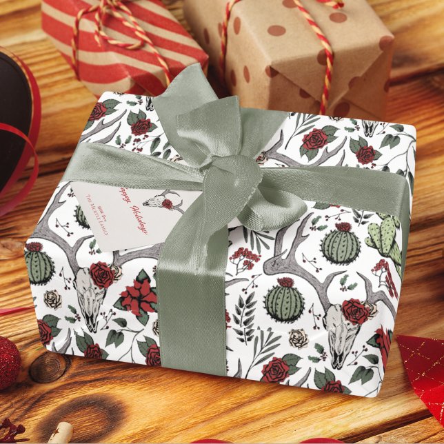 Country Western Christmas Floral Reindeer Skull Wrapping Paper (Country Western Bull Skull Reindeer Skull, Red Roses, Cactus, & Winter Berries. White Background.)
