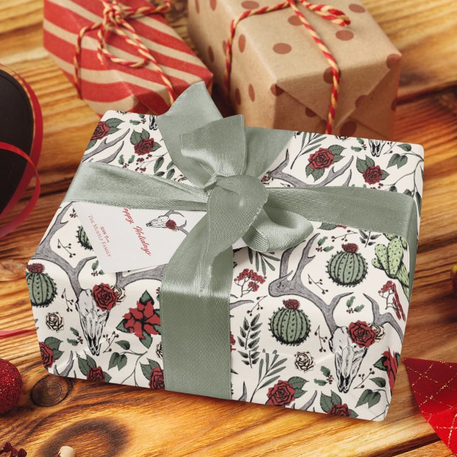 Country Western Christmas Floral Reindeer Skull Wrapping Paper (Country Western Bull Skull Reindeer Skull, Red Roses, Cactus, & Winter Berries. Cream Background.)