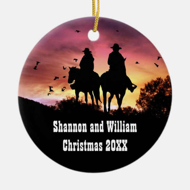 Country Western Cowboy and Cowgirl Romantic Ceramic Tree Decoration (Front)