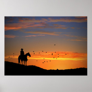 Country Western Cowboy and Horse in Sunset Poster