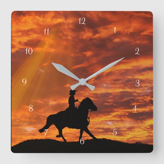 Country Western Cowboy and Horse in Sunset Square Wall Clock (Front)