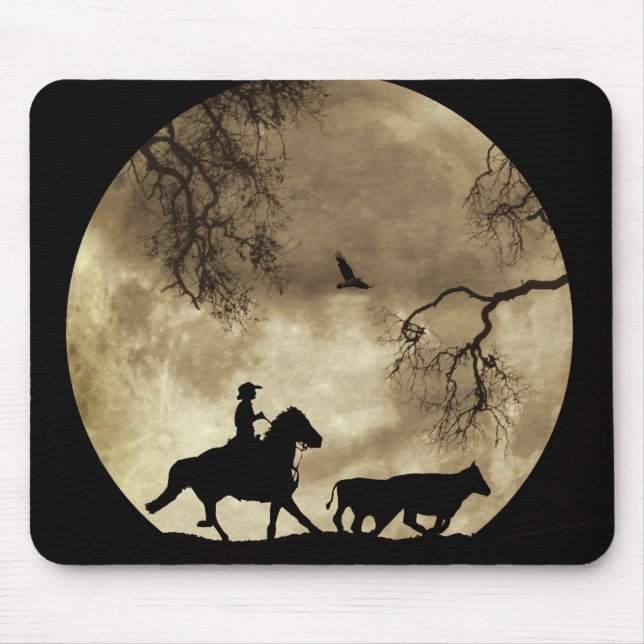 Country Western Cowboy Big Moon Riding Mouse Mat (Front)