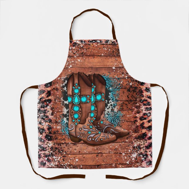 Country Western Cowboy Boots Leopard Print Apron (Front)