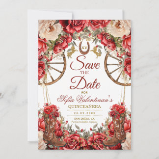 Country Western Cowboy Boots Red Roses Quinceañera Save The Date